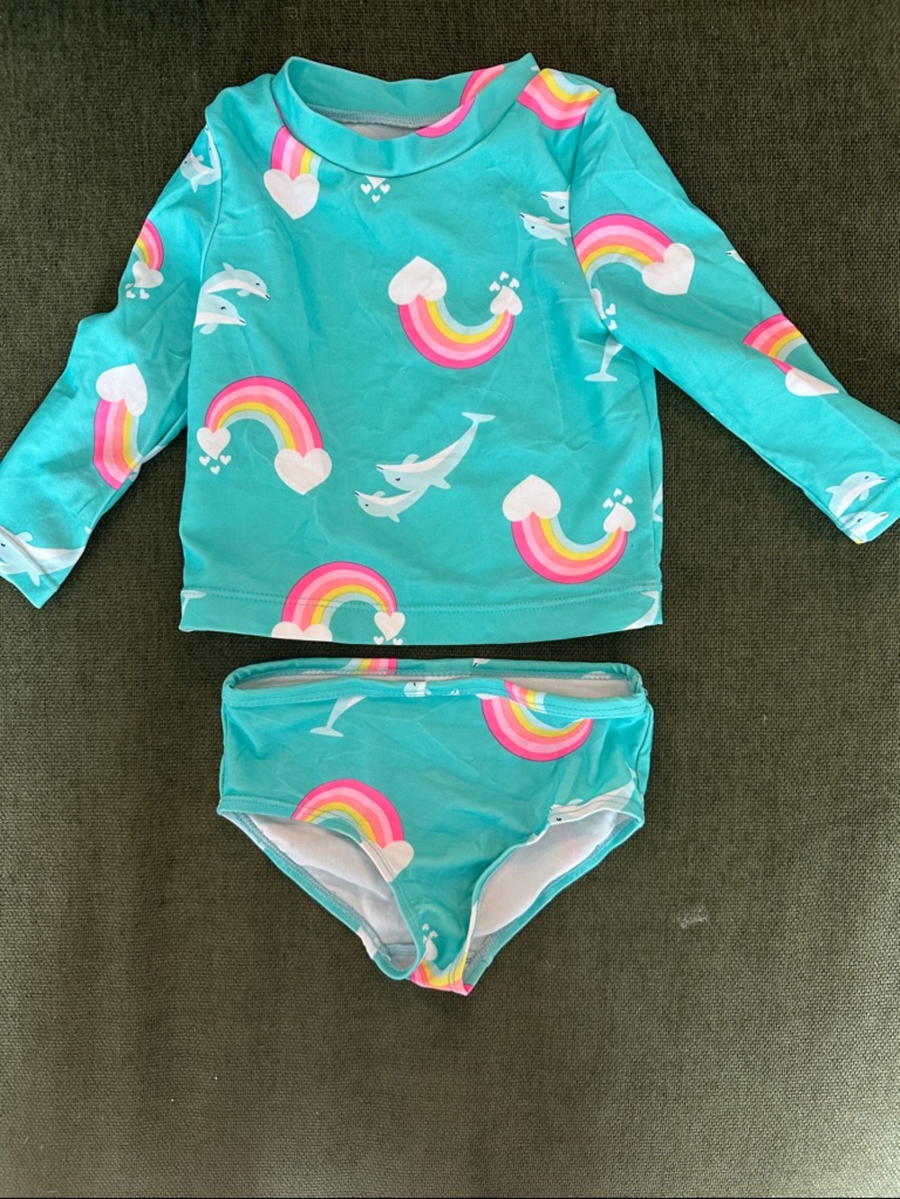 Girls Teal Rainbow & Dolphin Long-Sleeve Rashguard Set